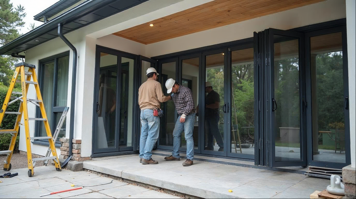 Aluminum bi-fold folding door system with multiple panels stacked open, a cheaper alternative to NanaWall
