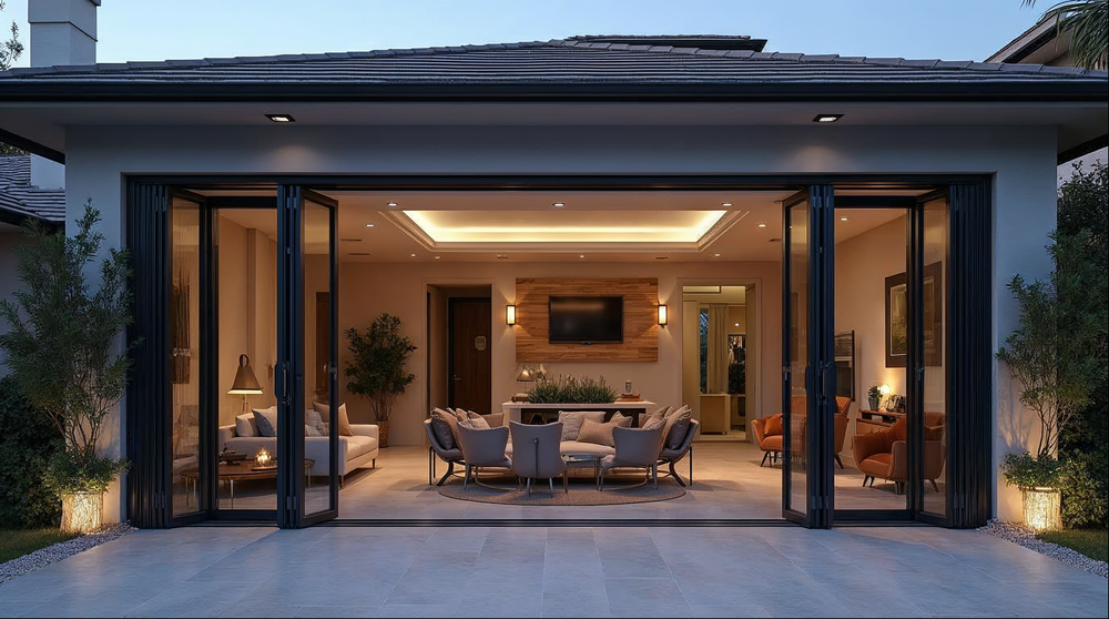 Gladiator bi-fold doors on a Florida luxury home illustrating door volume discount tiers for trade buyers