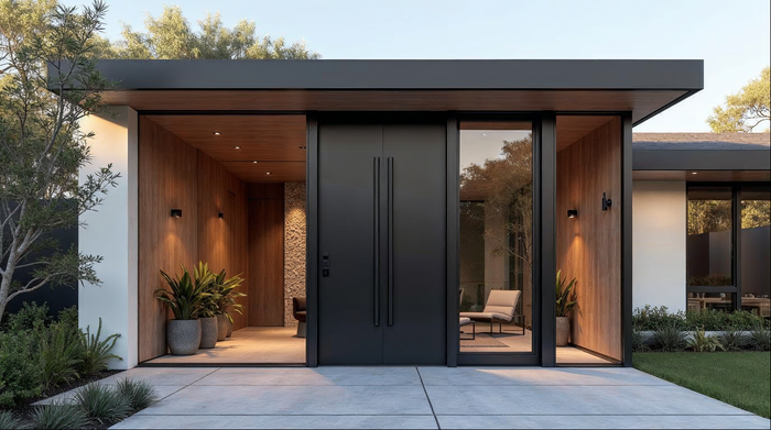 Best pivot door manufacturers 2026 — oversized matte black aluminum pivot door on a Florida luxury home