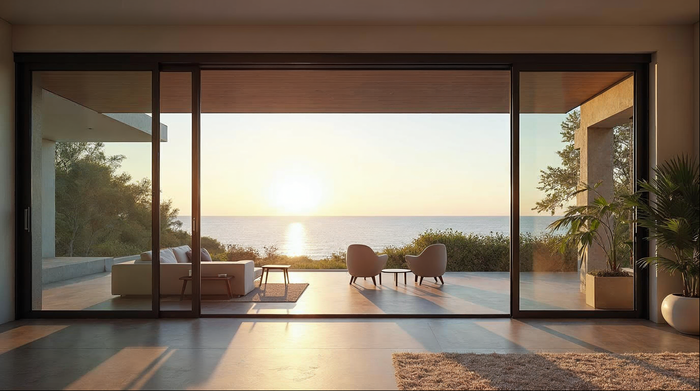 Matte black aluminum sliding glass door open to a Florida coastal patio — how to choose sliding glass door