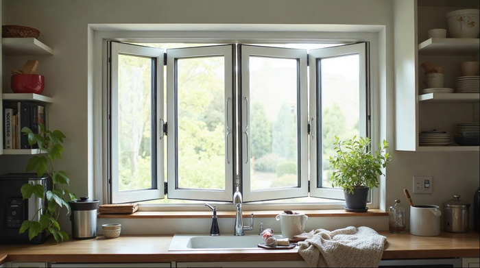 Aluminum folding passthrough window with panels folded open above an indoor-outdoor bar counter