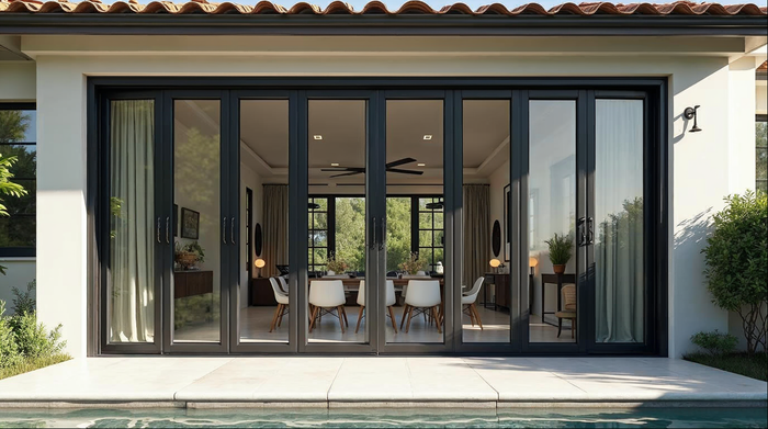 factory-direct bi-fold door manufacturer supplying a luxury Florida home with a matte black aluminum accordion door