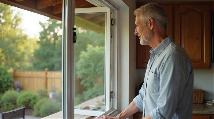 Aluminum folding passthrough window with accordion panels stacked open over an outdoor kitchen counter