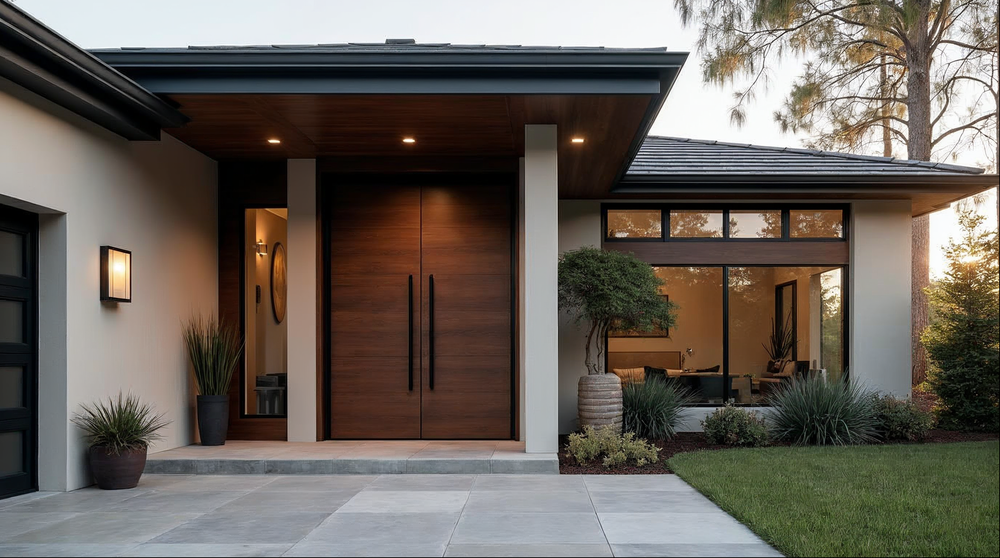 Matte black aluminum pivot door with laminated glass for sound insulation in a Jacksonville luxury home