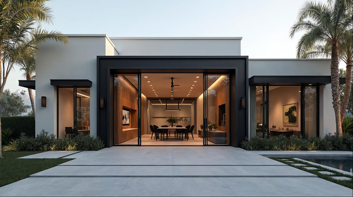 Matte black aluminum pivot door opening onto a resort-style pool patio in Florida