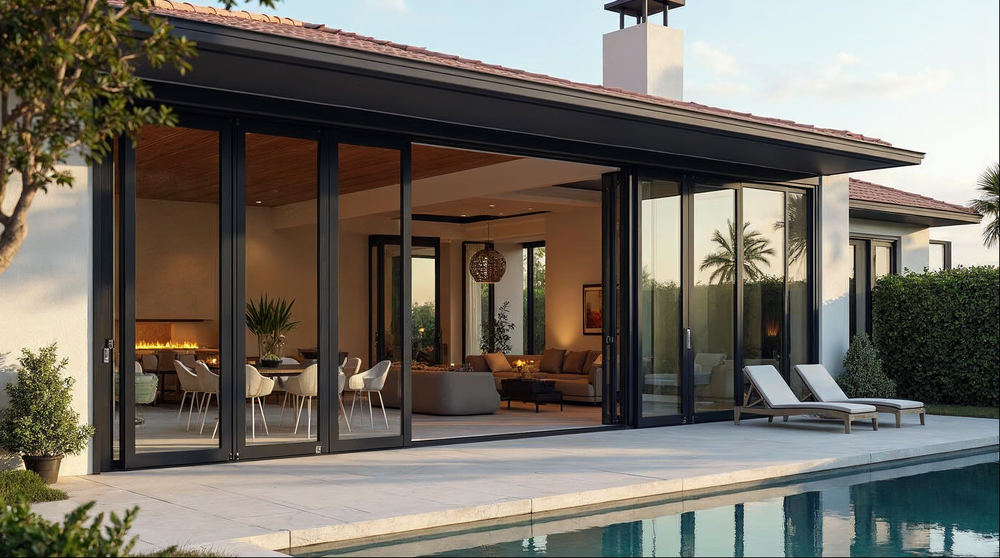 Factory-direct bi-fold doors on a Florida luxury home showing no-upcharge aluminum system