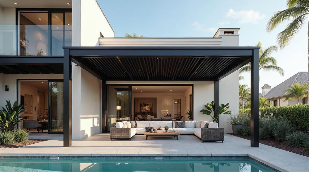 Matte black aluminum louvered pergola over a Florida luxury home patio