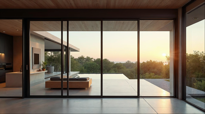 Pella vs Andersen patio doors comparison — premium aluminum sliding glass door in matte black