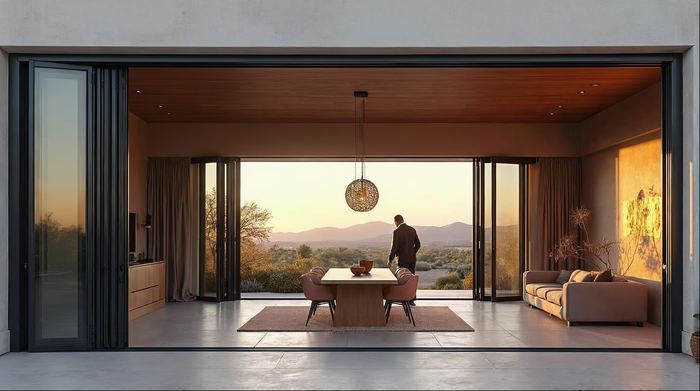 Matte black bi-fold pool house doors fully open to a resort-style outdoor pool area