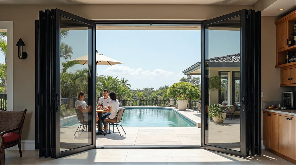 Folding passthrough window open above a poolside bar counter in a Florida luxury home