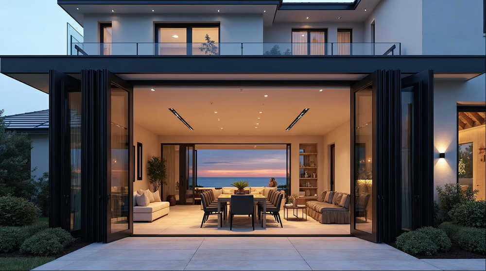 luxury custom home bi-fold doors opening to a Florida coastal lanai at dusk