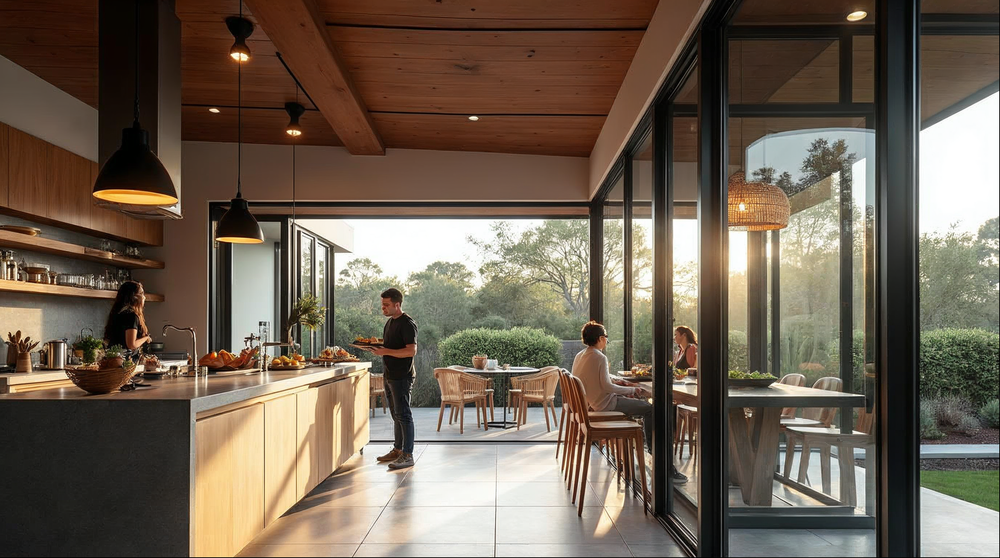 folding servery window open over outdoor kitchen counter in Florida home