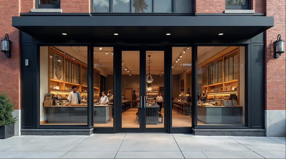 commercial storefront installation on a Jacksonville retail building with matte black aluminum framing and double entry doors