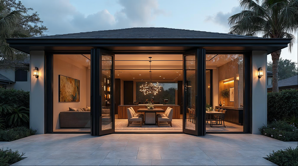 Affordable premium aluminum bi-fold door open to outdoor living space in a Florida luxury home