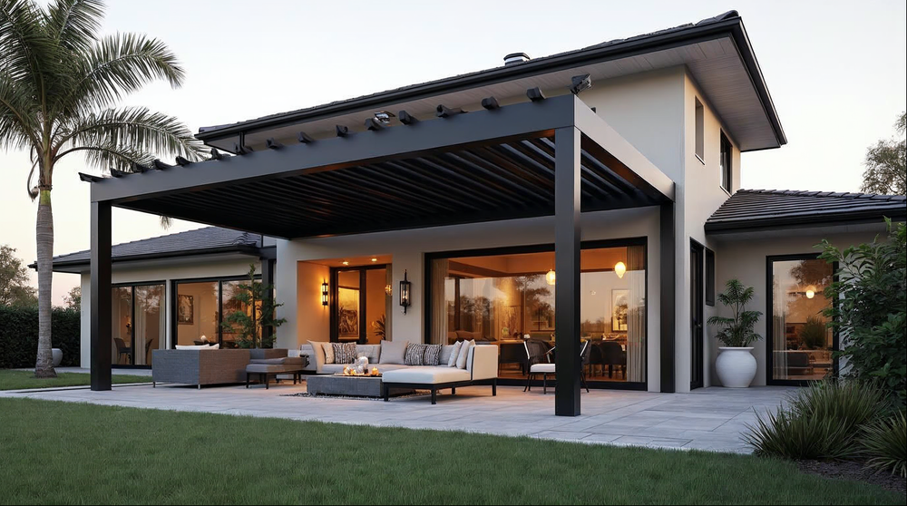 matte black aluminum pergola with louvered roof on a Jacksonville Florida luxury home