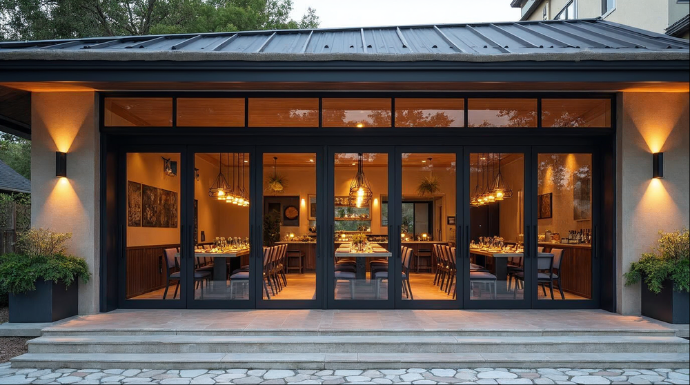 large bi-fold event venue doors opening a ballroom to an outdoor terrace