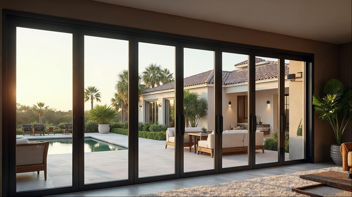 Matte black bi-fold door system open to a Florida outdoor living space, bifold door indoor outdoor