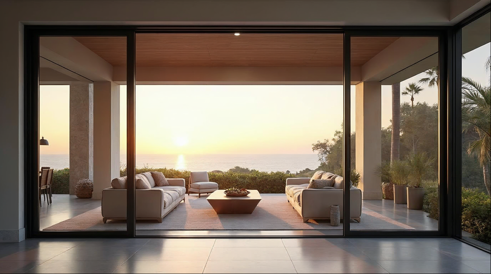 widest sliding glass door multi-panel system open to coastal outdoor living area