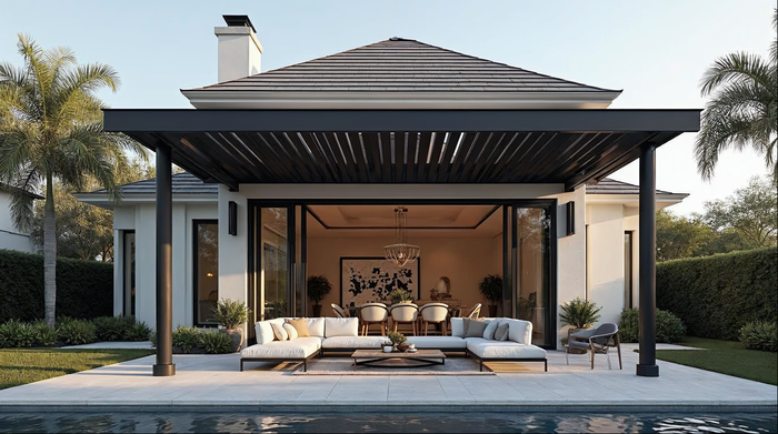 Matte black aluminum coastal pergola on a Florida waterfront home resisting salt air corrosion