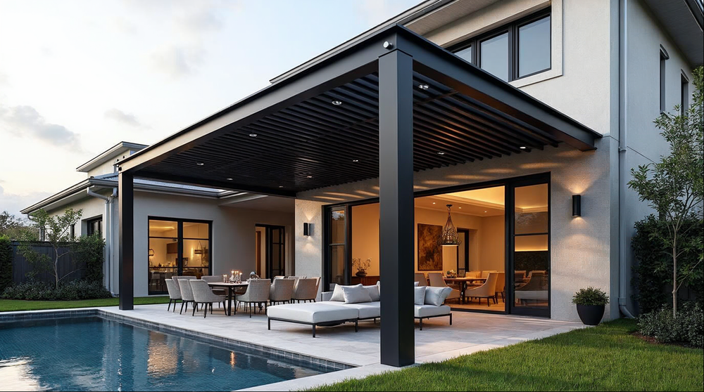 Motorized louvered pergola over a Jacksonville luxury home outdoor living space