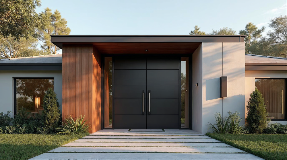 Custom matte black aluminum pivot door on a Jacksonville Florida luxury home