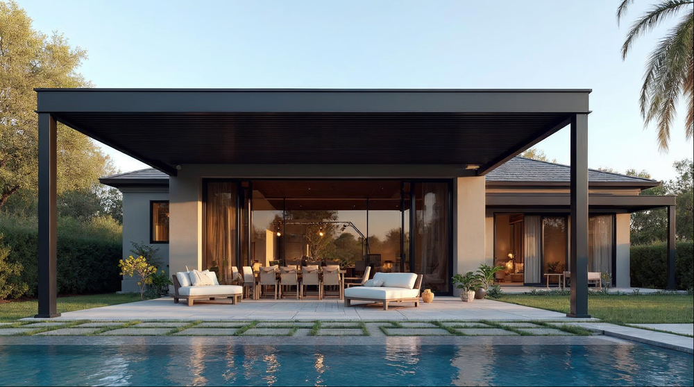 Aluminum louvered pergola kit installed over a Florida luxury home patio