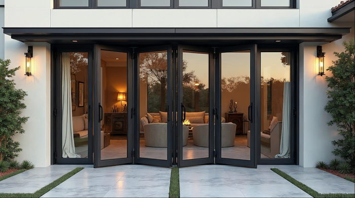 Bifold door pros and cons — matte black aluminum folding glass wall open to a luxury Florida outdoor living space