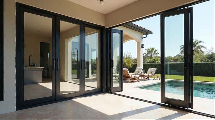 Large aluminum bi-fold door system showing factors that affect door price including size and glass