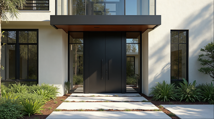 Matte black aluminum pivot door on a Jacksonville Florida luxury home — pivot door maintenance guide