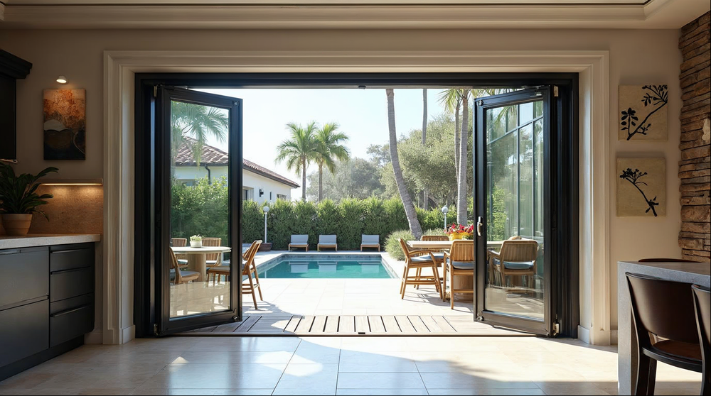 Folding passthrough window open above a pool bar counter on a Florida patio — passthrough window ideas