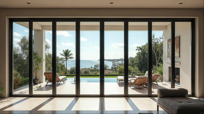 glass room divider doors — matte black bi-fold system dividing an open-plan interior living space