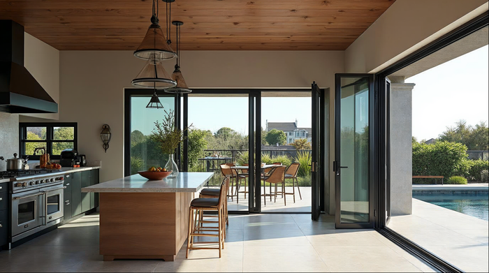 Matte black aluminum passthrough window open over an outdoor kitchen counter in a Florida coastal home