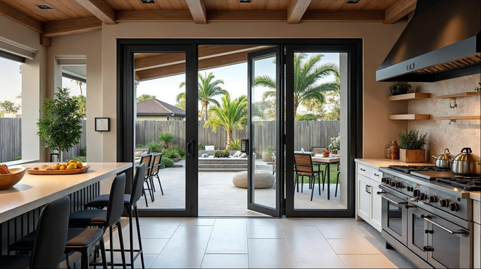 Folding passthrough window open over an outdoor kitchen counter in a Florida home, matte black aluminum frame
