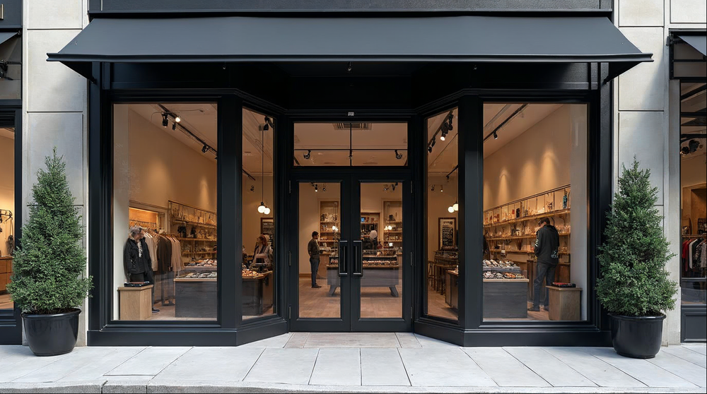 aluminum commercial storefront system with double entry doors, sidelites, and transom in matte black finish