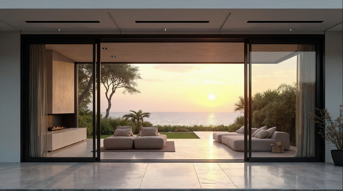 Fleetwood door alternative — matte black aluminum sliding glass door on a Florida modern estate