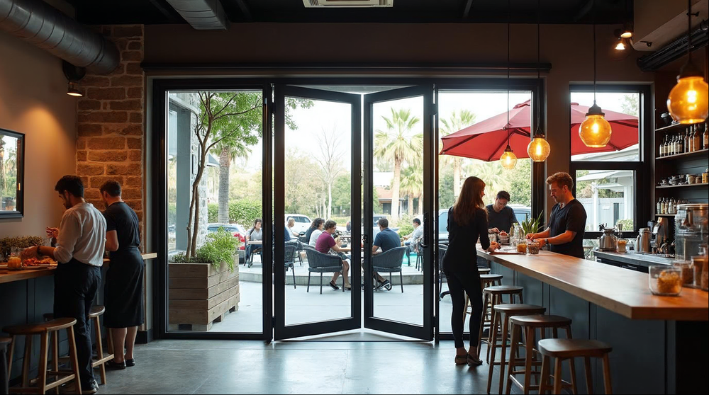 Folding pass-through window for coffee shop counter in matte black aluminum