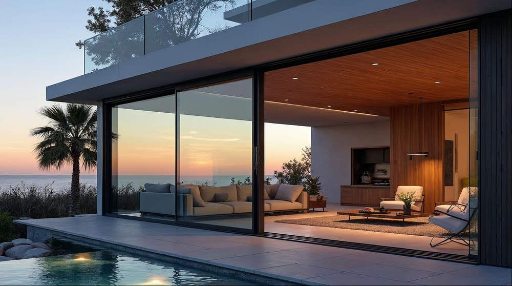 Soundproof sliding glass doors with low-profile track and multi-point locking on a coastal Florida home
