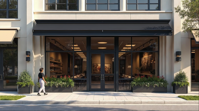 matte black aluminum commercial storefront with full-height glass facade illustrating 2026 storefront design trends