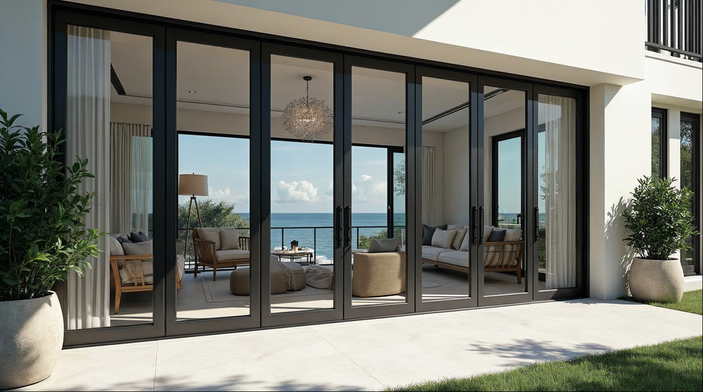 Gladiator aluminum bi-fold door system with 15-year warranty installed in Florida luxury home