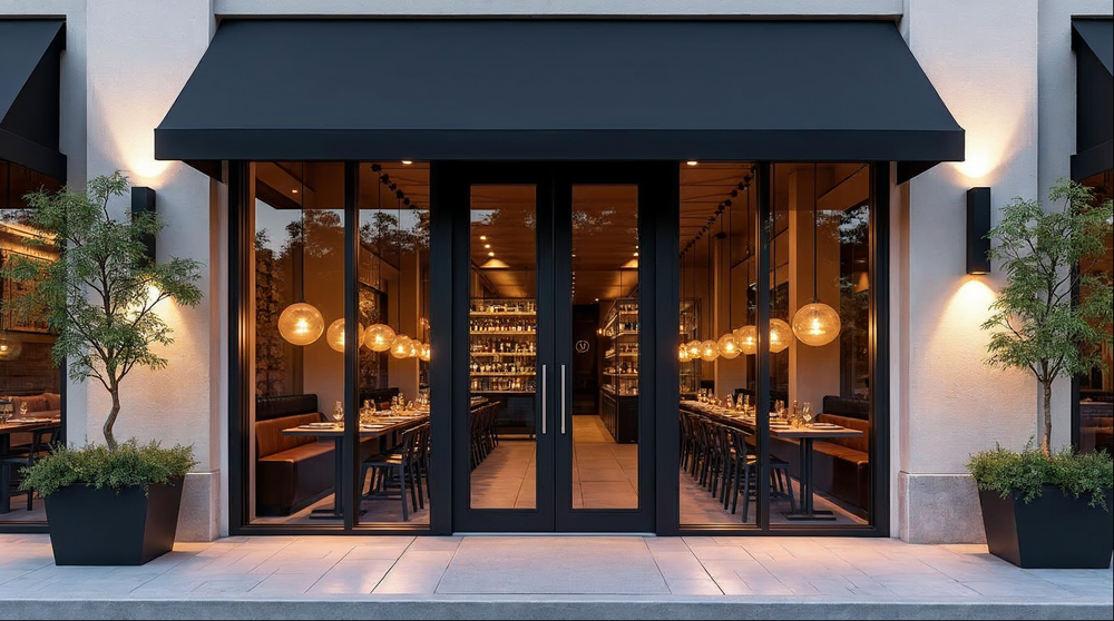 matte black aluminum restaurant storefront with double entry and transom on a Florida dining facade