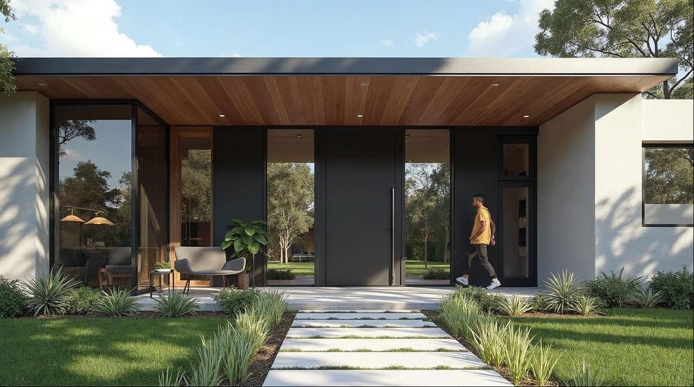widest pivot door on a Florida luxury home in matte black aluminum