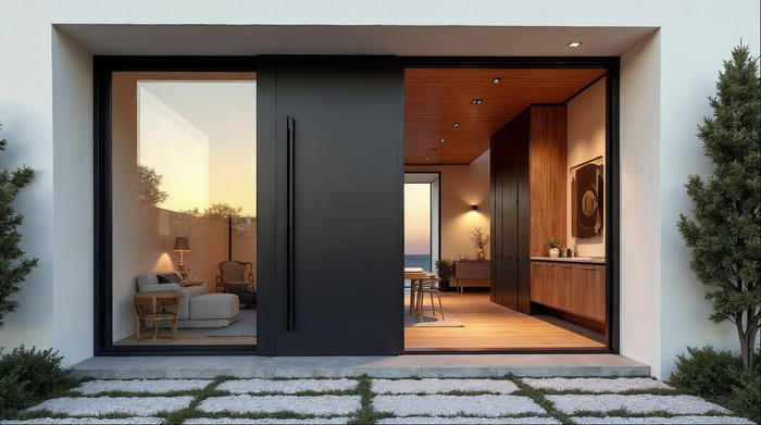 Custom pivot door in matte black aluminum on a Florida coastal luxury home