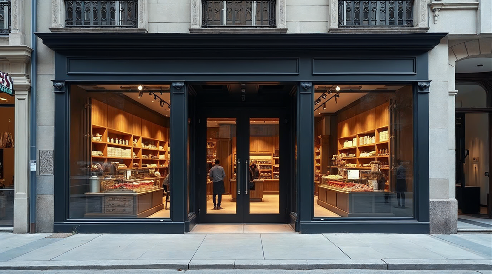 Factory-direct commercial storefront system in matte black aluminum with thermal-break framing