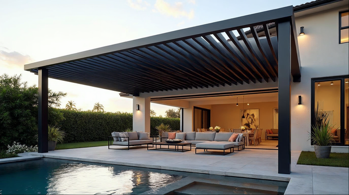 Matte black aluminum pool pergola with adjustable louvers over a Florida luxury pool deck