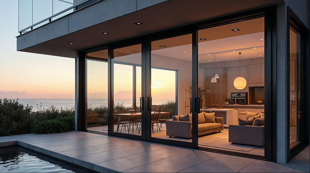 sliding door hardware guide — matte black aluminum multi-slide door with premium rollers and flush track