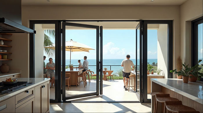folding kitchen passthrough window open to patio bar in a coastal Florida home