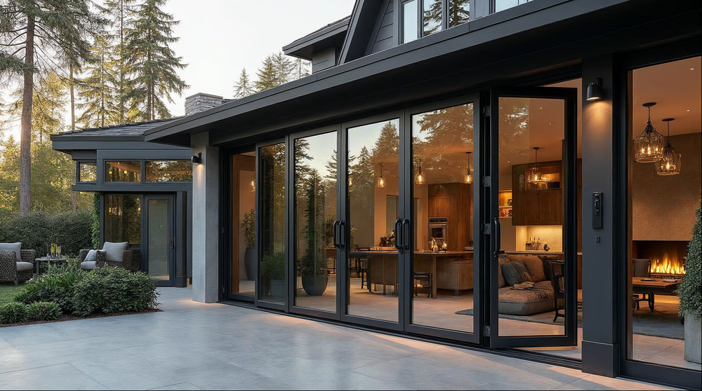 Matte black bi-fold doors fully open on a large residential opening — bi-fold doors vs sliding doors comparison
