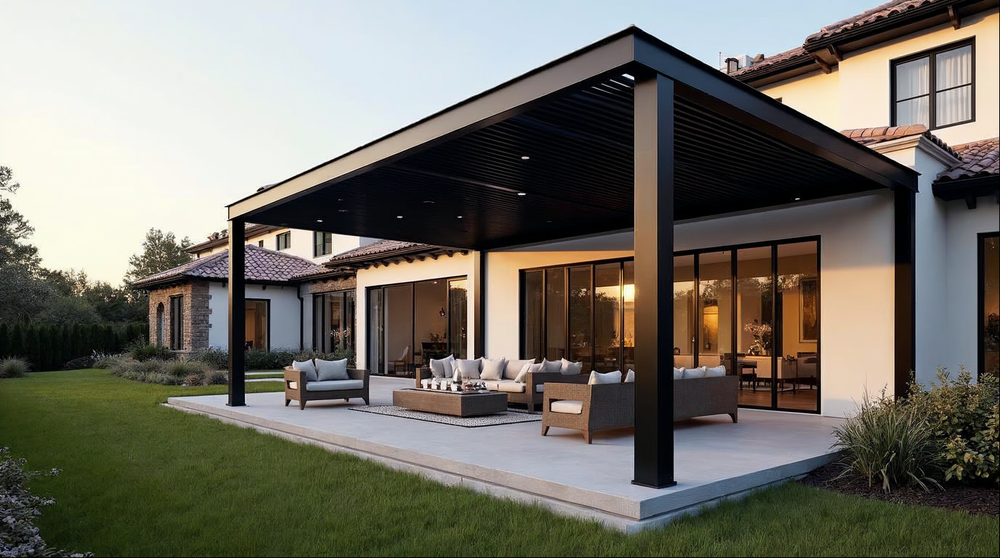 Aluminum pergola with louvered roof installed at a Jacksonville Florida luxury home requiring minimal maintenance