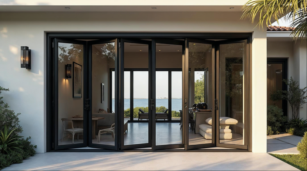 premium aluminum bi-fold doors open to outdoor living space — upsell premium doors guide