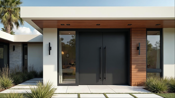 Oversized matte black aluminum pivot door on a Jacksonville luxury home — pivot door pros and cons